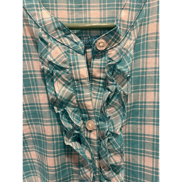 Old Navy‎ Teal White Plaid Ruffle Button Up Round Neck Long Sleeve Blouse Medium - Picture 2 of 8